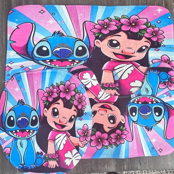 Vibrant Lilo & Stitch Pink and Blue Shower Curtain & Bath Mat Set - Picture 1 of 9